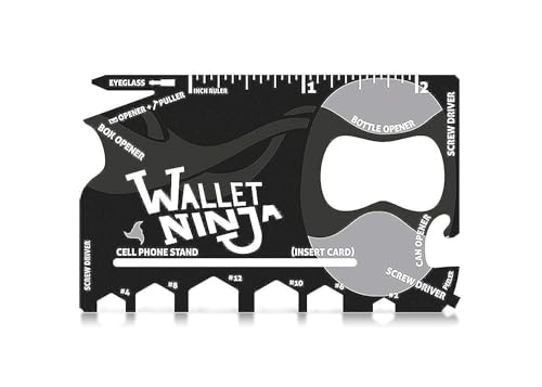 Black credit-card-size multi-tool with ruler, openers and hex slots