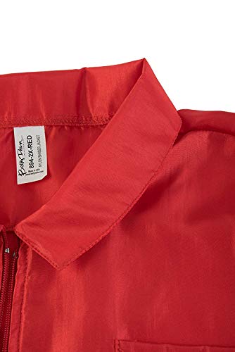 Pointed collar of the red barber jacket with the size label inside