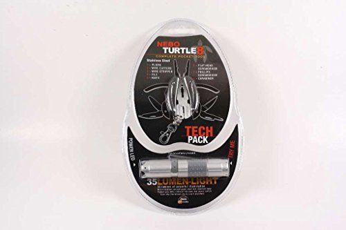Blister pack with a stainless pocket multi-tool and a 35 lumen silver flashlight