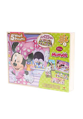 Wooden box set of 5 Minnie Mouse jigsaw puzzles with Minnie in pink polka dots
