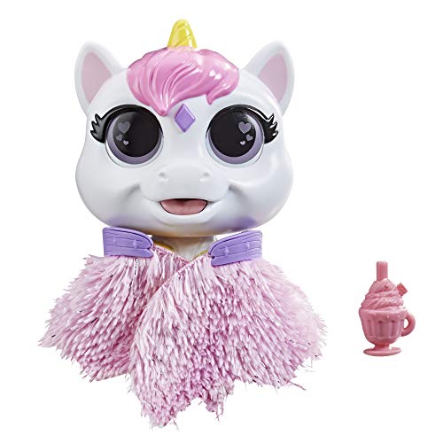 Front view of the Airina unicorn with wings folded beside its pink milkshake cup