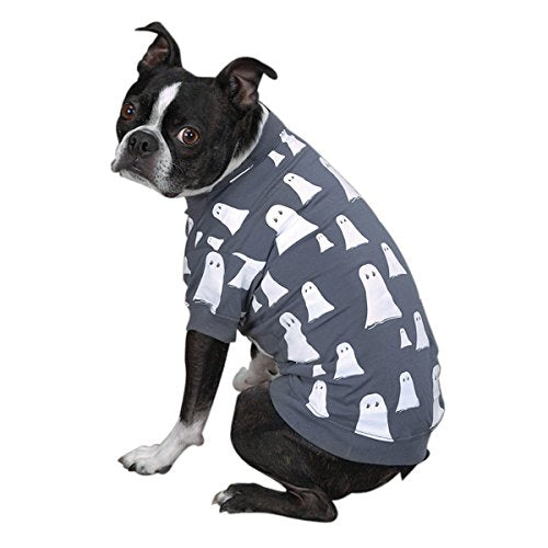 Boston terrier in a grey tee printed with white cartoon ghosts