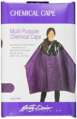 Betty Dain Multi Purpose Chemical Cape package with a woman in the purple cape