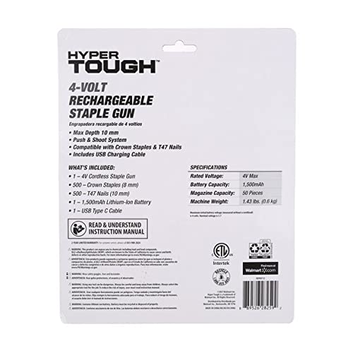 Back of the staple gun package listing contents and specs: 4V, 1500mAh battery