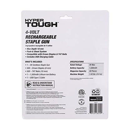Hyper Tough 4-Volt Rechargable Staple Gun, Red/Black, L-2.56 x W-8.86 x H- 9.84 Inches (AQ90012J)