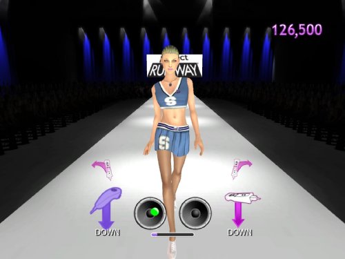 Model walking the runway in a blue cheer outfit with step prompts