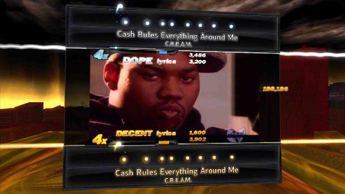 Rap game screen with a music video close-up and lyric scores