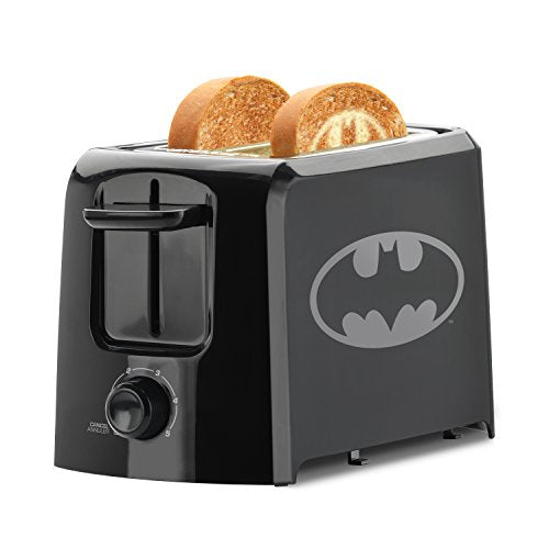 Black 2-slice toaster with a grey bat symbol, two slices popping up