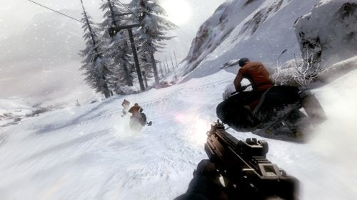 First-person chase firing at snowmobile riders on a snowy slope