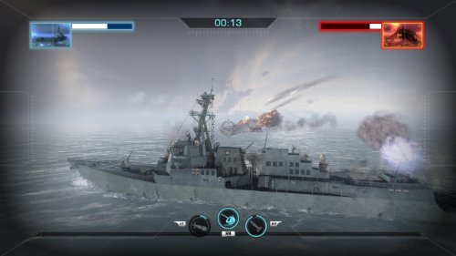Grey destroyer at sea under attack with explosions in the sky