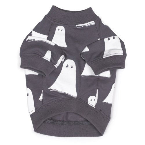 Grey dog tee with white ghosts laid flat