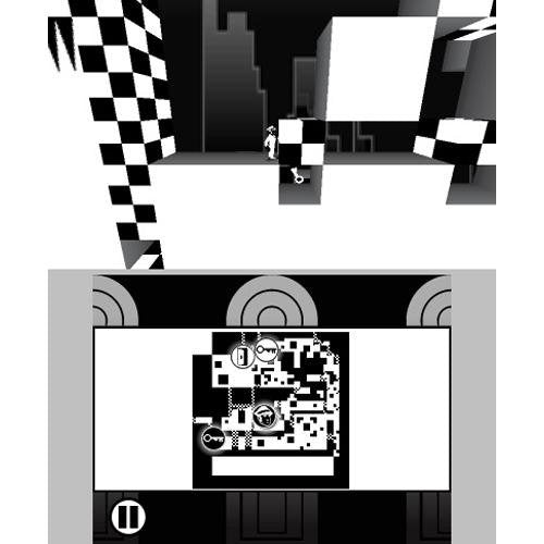 Checkerboard puzzle level with a figure near a key and a map below