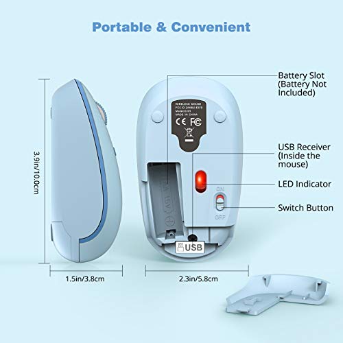 Wireless Mouse, RATEL 2.4G Ergonomic Computer Mouse for Laptop with USB Receiver, Portable Cordless Mice with 3 Adjustable DPI Levels for Windows, PC, Chromebook, MacBook, Linux（Light Blue