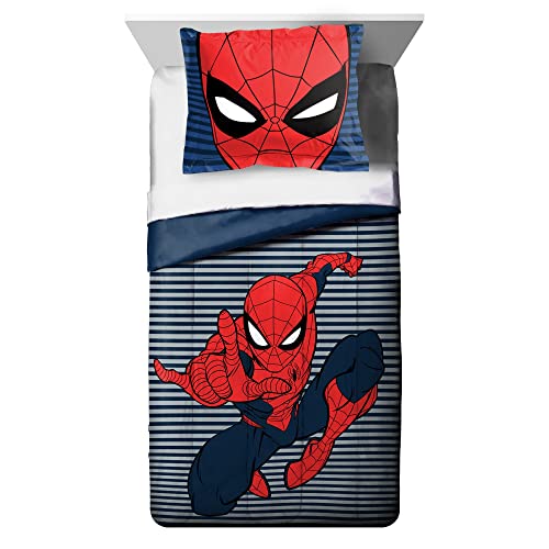 Twin bed with a navy striped Spider-Man comforter and Spider-Man mask sham