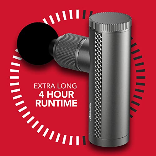 Massage gun on red with a dial graphic: extra long 4 hour runtime