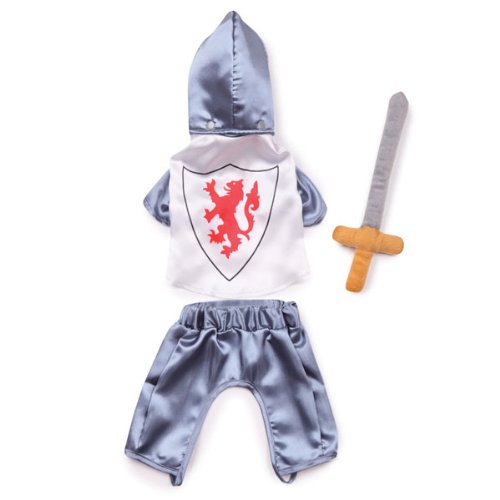 Silver knight hoodie with a red lion shield, pants and plush sword