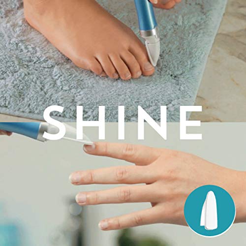 Shine step: the Amope nail tool polishing a toenail and fingernails