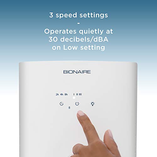 Finger pressing the purifier's touch panel: 3 speeds, 30 dBA on low