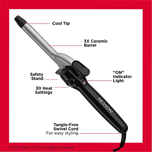 Labelled Revlon curling iron: cool tip, ceramic barrel, safety stand, on light, swivel cord