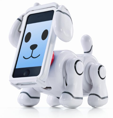 White Bandai Smartpet robot dog with an iPhone face showing a cartoon puppy