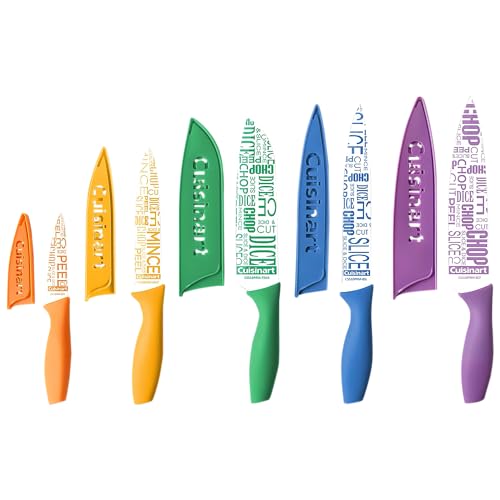 Five knives with word-printed blades and matching sheaths in orange, yellow, green, blue and purple