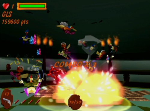 Big explosion among flying chickens in a dark room, combo x13