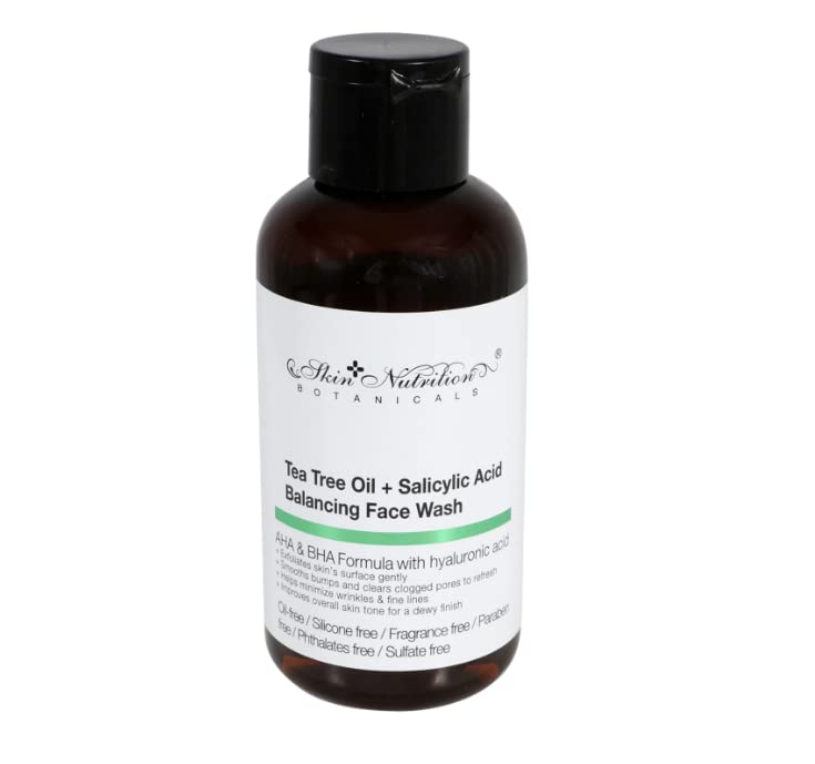 Skin Nutrition tea tree face wash bottle, AHA and BHA formula with hyaluronic acid
