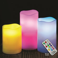 Load image into Gallery viewer, Glow Candles – Flameless Color-Changing Candles, 3 Battery-operated LED Pillar Candles with Remote (Real Wax)
