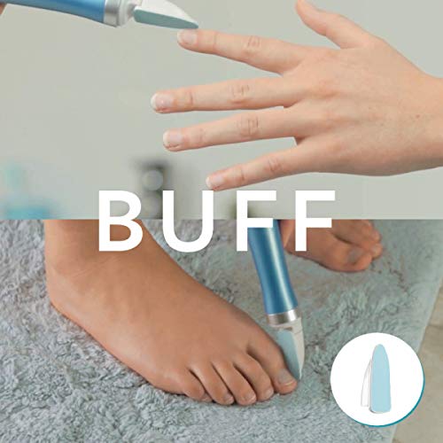 Buff step: the Amope nail tool smoothing fingernails and a toenail