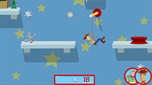 Woody swinging from a plunger between shelves collecting sheriff stars