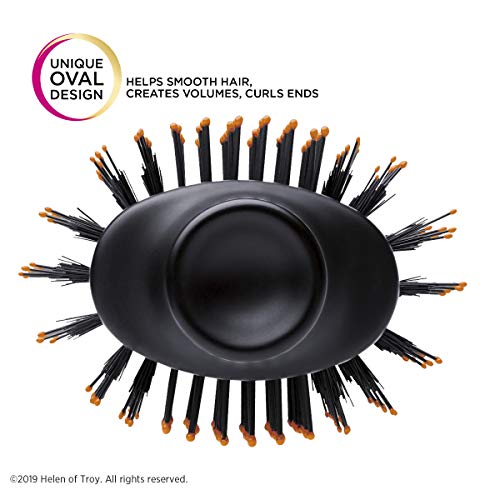 End view of the oval brush head with black and orange-tipped bristles