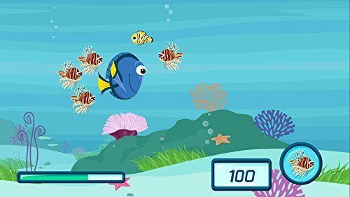 Game screen of Dory swimming among lionfish over a coral reef
