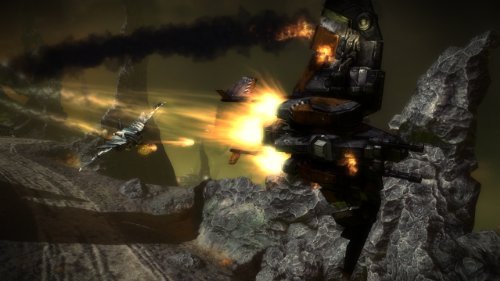 Mech firing at a fighter jet over smoking rocky cliffs
