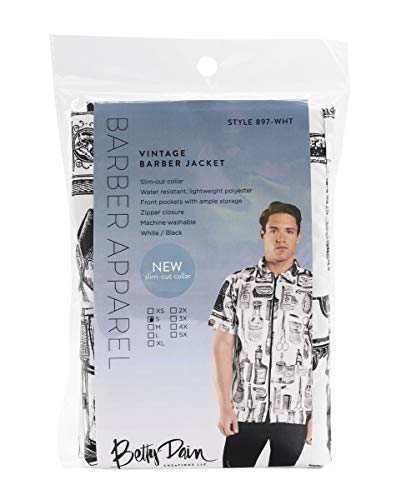 Betty Dain Vintage Print Barber Jacket, Throwback Style Illustrated Print, Machine Washable, Lightweight Water Resistant Polyester, Two Lower Pockets, One Chest Pocket, Zipper Front Closure, White - Realmdrop Shop