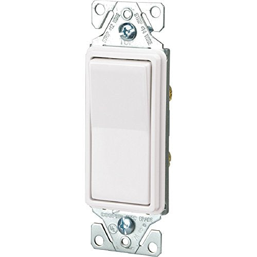 White rocker decorator light switch on a metal mounting strap
