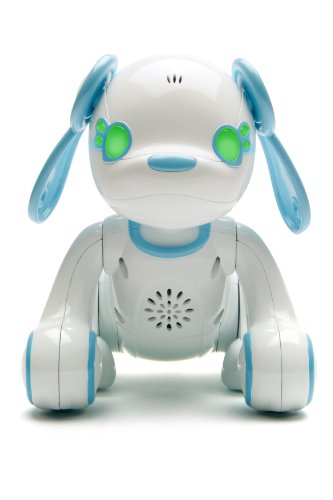 Front view of the white Wappy Dog robot puppy with blue ears and glowing green eyes