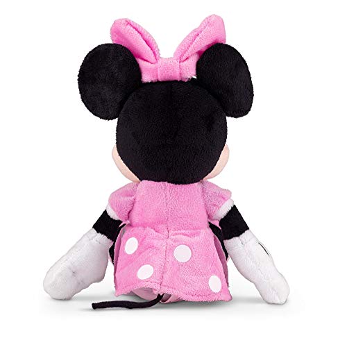 Back of the seated mouse plush showing the pink bow, dress and tail