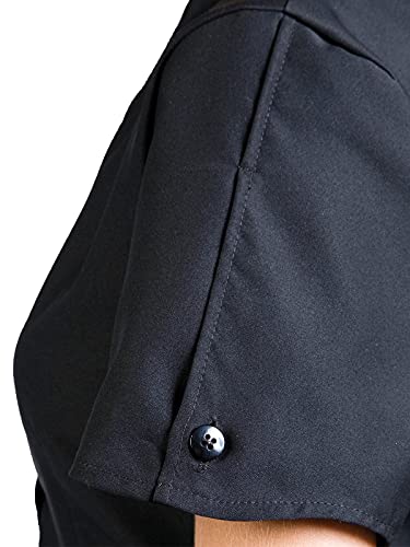 Close-up of the black jacket's short sleeve with a button tab