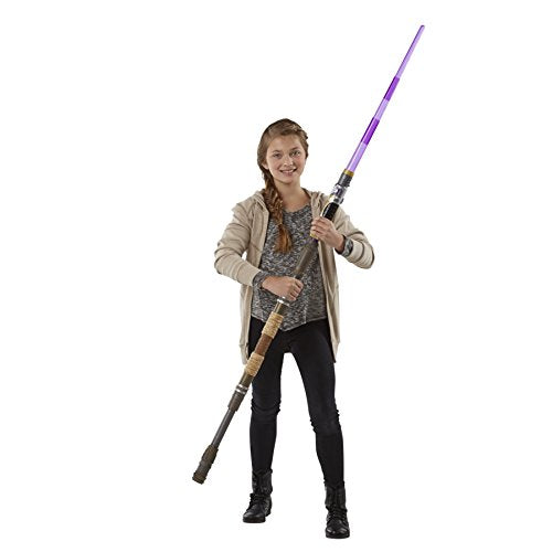 Girl holding the staff combined with a purple lightsaber blade