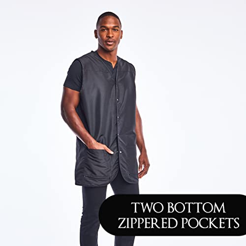 Man with a hand in one of the vest's two bottom zippered pockets