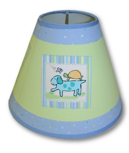 Green and blue nursery lamp shade with a patch of a blue puppy and a turtle