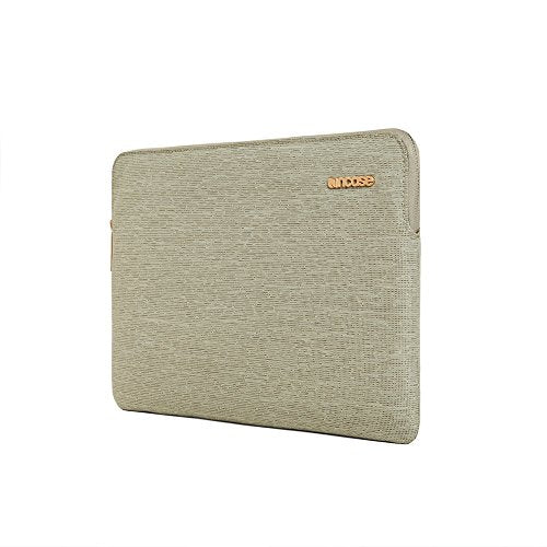 Angled front of the khaki Incase sleeve with rose gold lettering