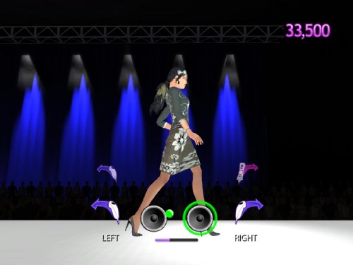 Runway walk gameplay with left and right step prompts under blue spotlights
