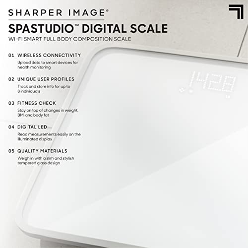Smart scale feature list over a close-up of the glass top and LED readout