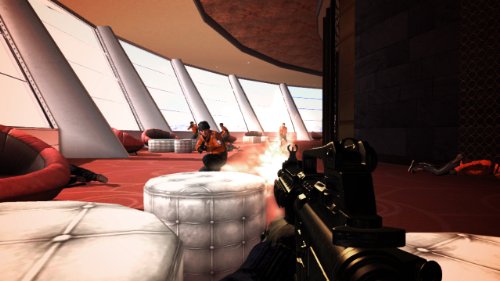 First-person shootout in a round lounge with white padded seats