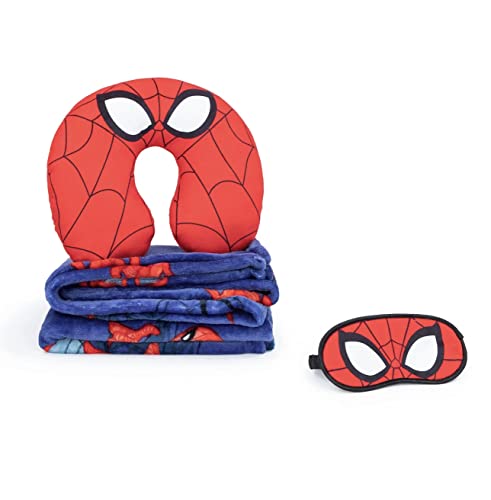 Spider-Man red neck pillow, folded navy fleece blanket and red sleep mask