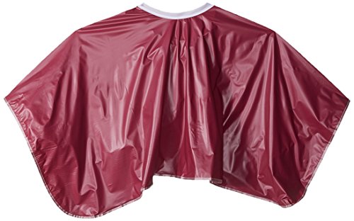 Burgundy vinyl shortie cape with white neck binding, back view