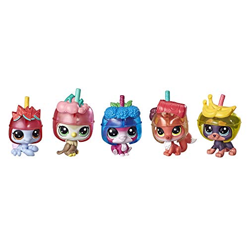 Five tiny pet figures wearing fruit slushie cup helmets with straws