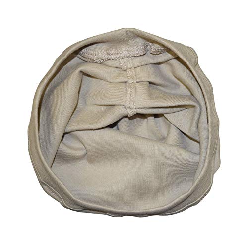 Inside view of the beige turban showing the gathered seam