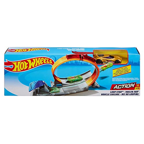 Hot Wheels Action Loop Star playset box with a gold car included